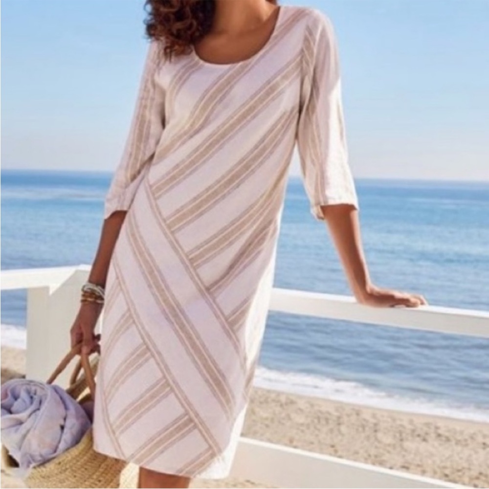 Soft Surroundings Striped Cream & Tan Neutral Asymmetrical Linen Blend Dress PS